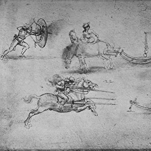 Drawings of Chariots Armed with Flails, of an Archer with a Shield, c1480, (1945). Artist: Leonardo da Vinci