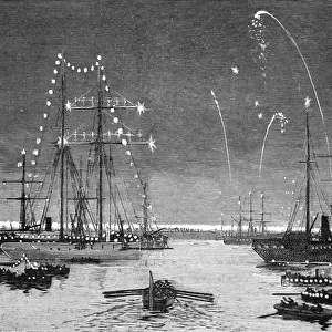 The Duke and Duchess of Connaught leaving Colombo Harbour at night, 1890. Creator: Unknown