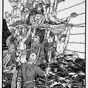 The dying King Haakon carried to his ship, 961 (1913). Artist: Morris Meredith Williams