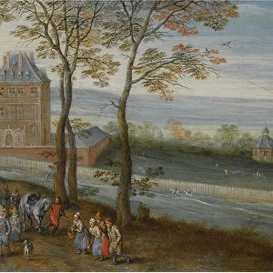 An extensive landscape with a view of the castle of Mariemont, a procession with the archduke Albrec