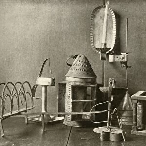Foot-warmer; oil lamps; candle sconce; tin lantern; and toaster, c18th century, (1937)