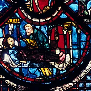 The Good Samaritan cares for the Pilgrim, stained glass, Chartres Cathedral, France, 1205-1215