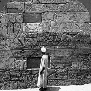 Great war reliefs sculptured in the wall at Karnak Temple, Thebes, Egypt, 1905. Artist: Underwood & Underwood