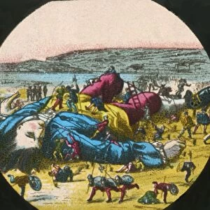 Gulliver is tied up by the Lilliputians, lantern slide, late 19th century. Creator: Unknown