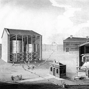Illustration showing the working spaces of a gas works, 1828