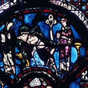 Injured pilgrim ignored by priest and Levite, stained glass, Chartres Cathedral, France, 1205-1215