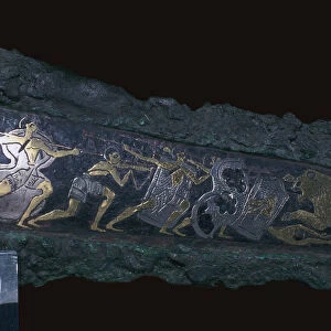 Detail of inlay on a Mycenaean bronze dagger showing a lion hunt, 16th century