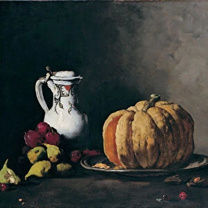 Still Life with Pumpkin, Plums, Cherries, Figs and Jug, ca 1860. Artist: Ribot, Theodule Augustin (1823-1891)