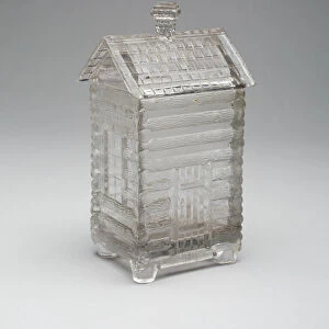 Log Cabin pattern marmalade covered jar, c. 1875. Creator: Central Glass Company