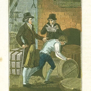 Merchant and his clerk at the dockside checking goods at a warehouse, 1823