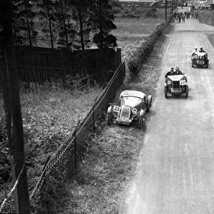 Two MG M types passing a broken down 1928 Alta Prototype, JCC Members Day, Brooklands, 4 July 1931