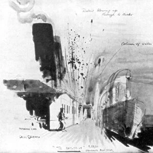 The moment a torpedo from German submarine U-20 hit the RMS Lusitania, 7 May 1915, (1926). Artist: Oliver Bernard