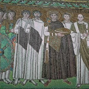 Mosaic of the Byzantine Emperor Justinian I and his court, 6th century
