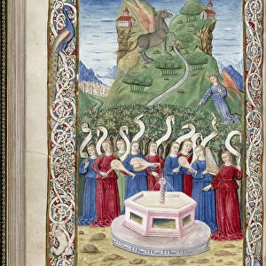 The nine Muses with Pegasus and Mount Helicon (From Argumentum by Guarinus Veronensis), 1485-1499. Artist: Anonymous