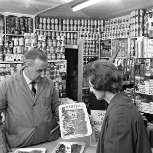 New metric system of selling bacon, Stocksbridge, Sheffield, South Yorkshire, 1966