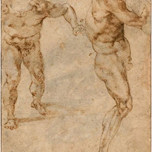 Two Nude Studies of a Man Storming Forward and Another Turning to the Right, c. 1504. Artist: Buonarroti, Michelangelo (1475-1564)