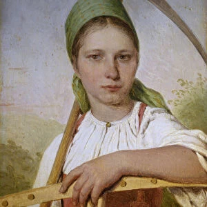 Peasant woman with a scythe and rake, before 1825. Artist: Venetsianov, Alexei Gavrilovich (1780-1847)