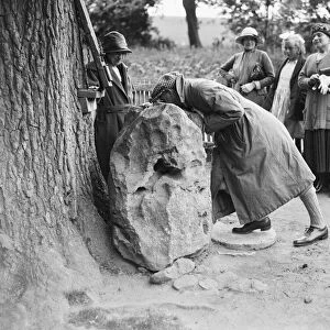 People visiting King Alfreds Blowing Stone, Kingston Lisle, near Uffington, Oxfordshire, c1920s