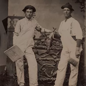 Two Plasterers in Overalls Leaning on a Rustic Fence, 1870s-80s. Creator: Unknown