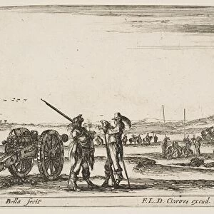 Plate 3: An officer giving orders to a solider in centre foreground, cannon at left, f