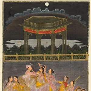 A prince celebrating Holi with palace women on a terrace at night, c. 1760. Creator: Unknown