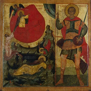 The Prophet Elijah and the Fiery Chariot. Saint Demetrius of Thessaloniki, Mid of 16th century. Artist: Russian icon