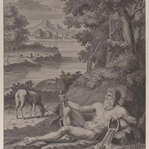 River god in a landscape, 1725. Creator: Frederik Ottens