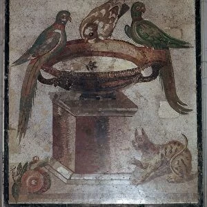 Roman mosaic of birds and a cat at a fountain, 1st century