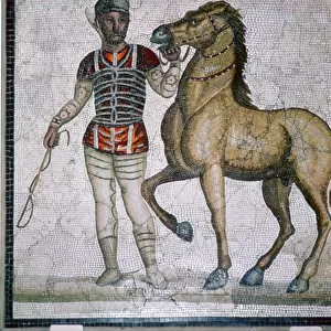 Roman mosaic of a charioteer with horse