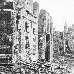 The ruined town and church bell tower of Albert, Somme, France, 22 August 1918
