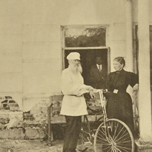 Russian author Leo Tolstoy with a bicycle, Russia, 1890s. Artist: Sophia Tolstaya