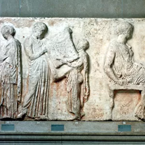 The sacred robe of Athena held up by cult officials, and Athena and Hephaistos, 438 BC