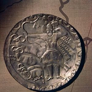 Sassanian Silver-Gilt Dish of King Peroz I, (459-484) Hunting Mouflon, c5th century
