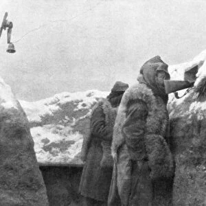 Sentries in a trench looking out over no-man s-land, Pas-de-Calais, France, winter, 1915