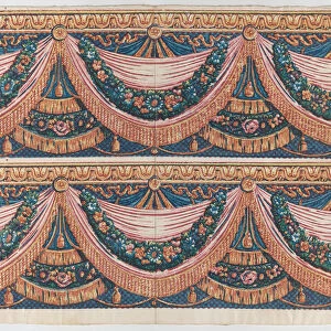 Sheet with two borders with draped curtains and floral garlands, lat... late 18th-mid-19th century. Creator: Anon
