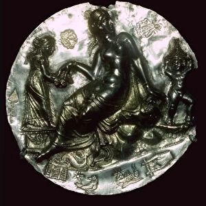 Silver relief medallion bearing the image of Aphrodite and Eros