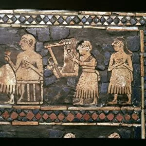 Detail of the standard of Ur showing a Sumerian Harpist and a Ruler, about 2600-2400 BC