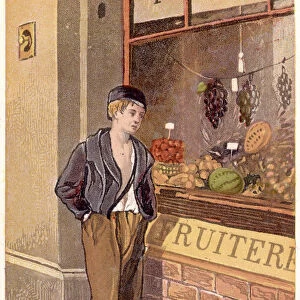 Temptation: A poor shoeless boy looking longingly at fruit on display in a shop window, c1880
