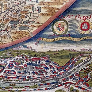 Theatrum Orbis Terrarum by Abraham Ortelius, Antwerp, 1574, map of Salzburg and view of the city