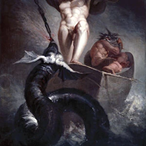 Thor in Hymirs boat battling the Midgard Serpent
