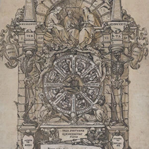 Triumph of Death with three fates in an architectural frame above a wheel of fortune
