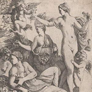 Venus, standing with the three Graces, is offered a flower from a putto, 1607-61