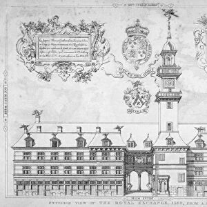 View of the Royal Exchange with coats of arms above, City of London, 1569