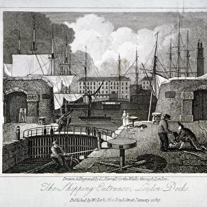 View of the shipping entrance to London Docks, Wapping, 1817. Artist: JC Varrall