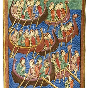 Viking ships arriving in Britain, ca 1130. Artist: Abbo of Fleury (c. 945-1004)