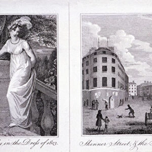 Woman in a dress and London street scene, 1803