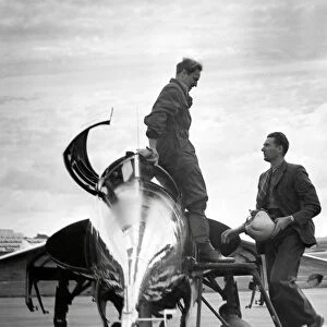 Test Pilot and world speed record holder Peter Twiss at Farnborough with his Fairey Delta aircraft