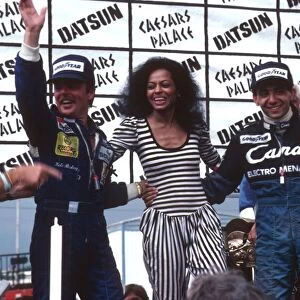 1982 Las Vegas Grand Prix: Michele Alboreto 1st position with the new World Champion Keke Rosberg and singer Diana Ross on the podium