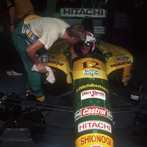 1992 Australian Grand Prix. Adelaide, Australia. 6-8 November 1992. Mika Hakkinen shows Wayne Gardner (1987 World 500cc Motorcycle Champion) the ropes of his Lotus 107 Ford