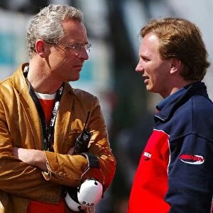 Formula One World Championship: Didier Stoessel manager of Anthony Davidson BAR Test Driver, talks with Christian Horner Arden Team Owner